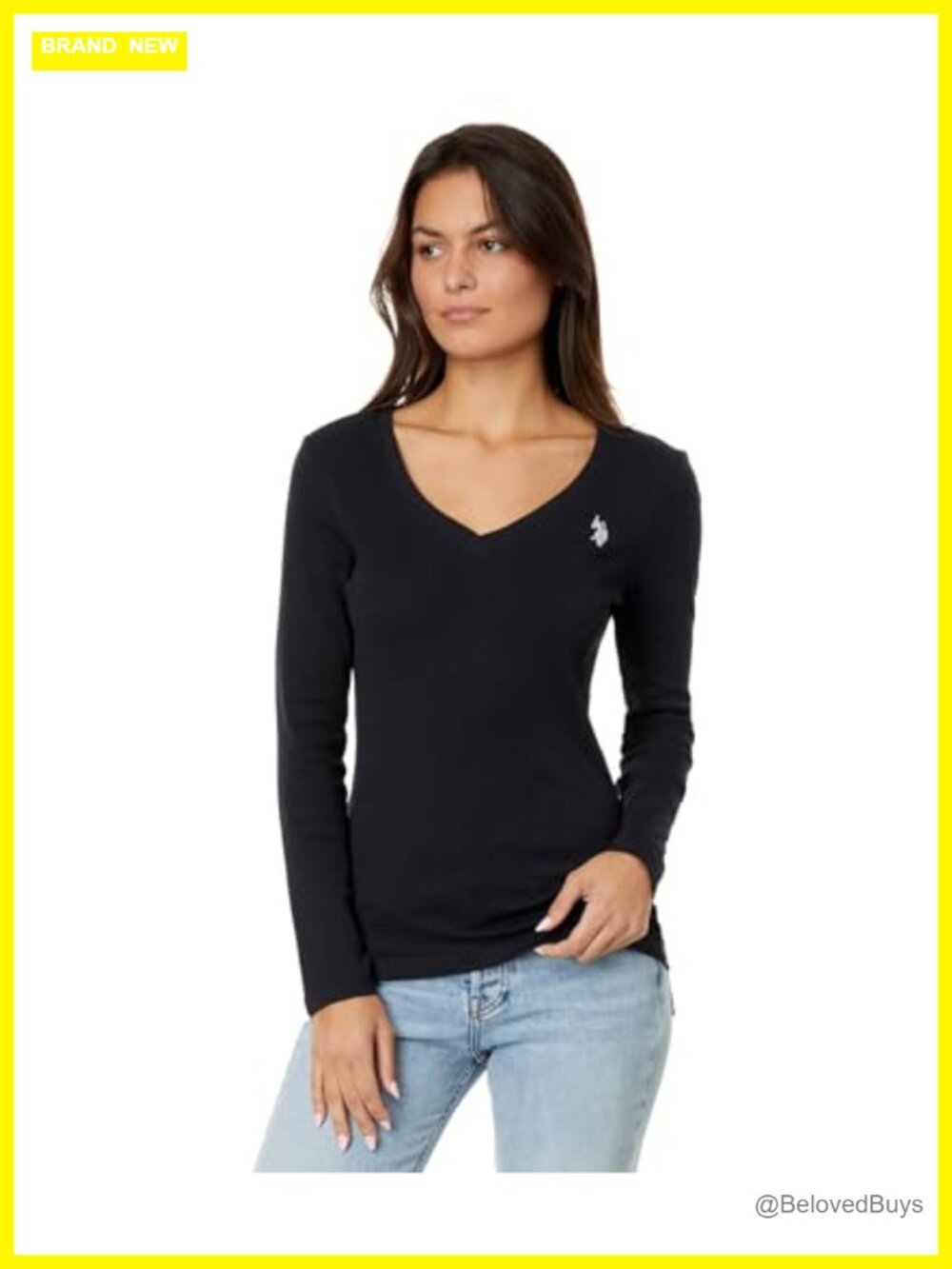 Ribbed V-Neck Long Sleeve Tee Classic Fit Cotton Blend Casual Top